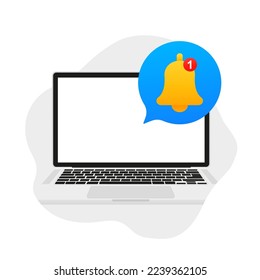 Notificaciones de Campana en el portátil. Chat en redes sociales, mensajes, SMS,. Aislado sobre fondo blanco. Ilustración del vector