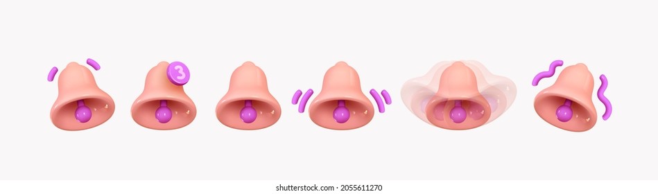 Bell notifications. Set of Bells Icon with new message web chat pink colors. Realistic 3d object. Isolated on white background. Vector illustration