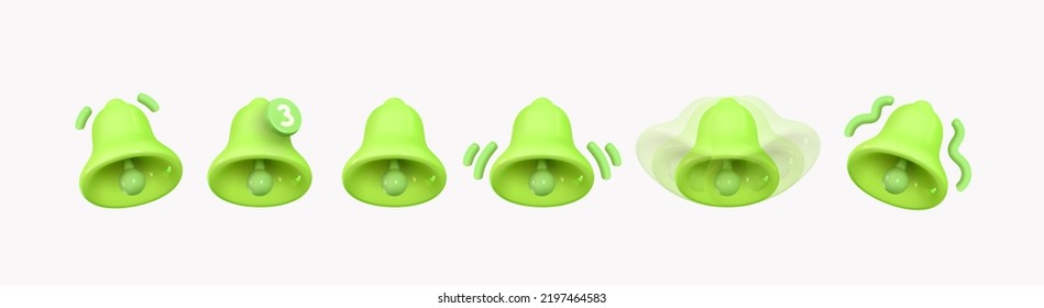 Bell notifications. Set of Bells Icon with new message web chat green colors. Realistic 3d object. Isolated on white background. Vector illustration