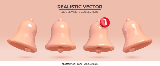 Bell notifications. Set of pink bells Icon with red new message web chat. Realistic 3d object. Realistic creative conceptual symbol of notifications. Vector illustration