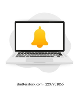 Bell on the laptop screen. Tooltip unread notification. Laptop with notification bell. Warning message. Vector illustration