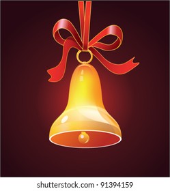 Bell on red background decorated with ribbon