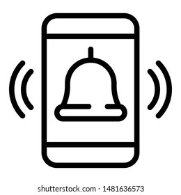 Bell on smartphone screen icon. Outline bell on smartphone screen vector icon for web design isolated on white background