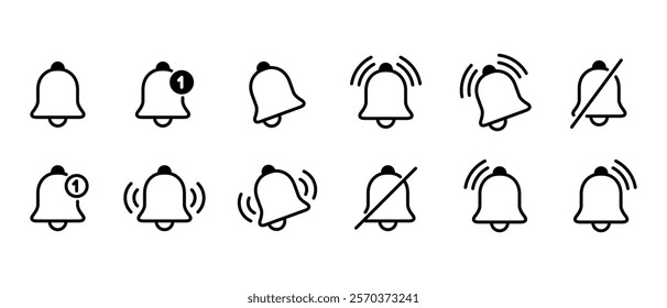 Bell outline icon set collection in generic design. Notification, alarm reminder sign symbol