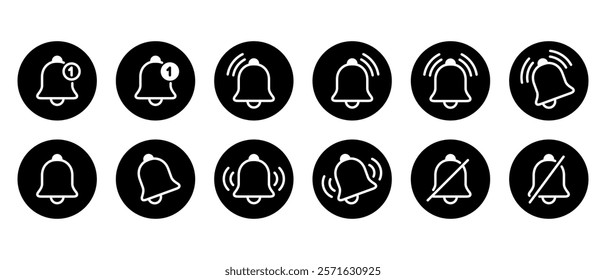 Bell outline icon set collection on black circle. Notification, alarm reminder sign symbol