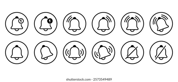 Bell outline icon set collection on circle line. Notification, alarm reminder sign symbol