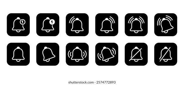 Bell outline icon set collection on black square. Notification, alarm reminder sign symbol