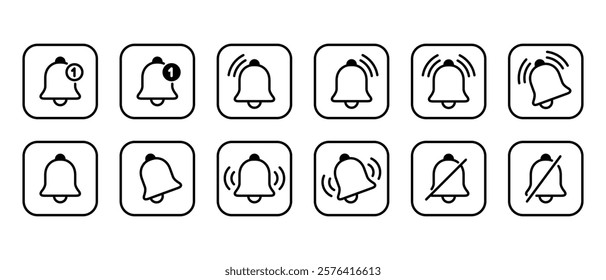 Bell outline icon set collection on square line. Notification, alarm reminder sign symbol
