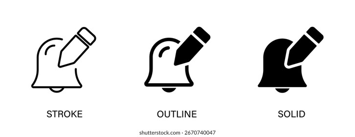 Iconos de campana y lápiz con estilo editable de trazo, contorno y sólidos. Iconos vectoriales para la edición de notificaciones, Configuraciones y diseño de ui.