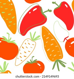 Pimienta Campana, zanahoria, patrón vectorial de tomate. Verduras rojas y naranjas. Alimentos saludables. Fondo blanco