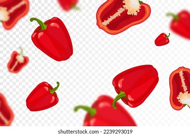 Fondo de la pimienta. Volando o cayendo pimienta dulce aislada en un fondo transparente. Se puede usar para publicidad, embalaje, banner, afiche, impresión. Diseño plano. Ilustración del vector