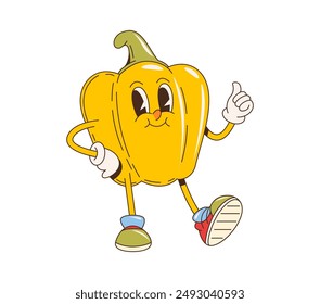 Bell pepper bbq barbeque cartoon groovy character. Isolated vector ripe, yellow vegetable personage in retro sneakers with a cute face, giving positive thumb up gesture and exhibits playful expression