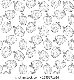 Bell pepper black outline pattern isolated on white background, vector for design and decor, prints, fabrics, wrapping paper, kitchen