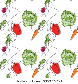 Bell pepper cabbage carrot beetroot. Vegetable seamless pattern vector. Line continuous hand drawn  illustration. Outline backdrop, background, food wallpaper, kitchen print, poster, package design.