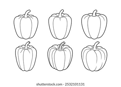 Diseño de Bell Pepper (Capsicum annuum), Ilustración vectorial de arte de línea etiquetada