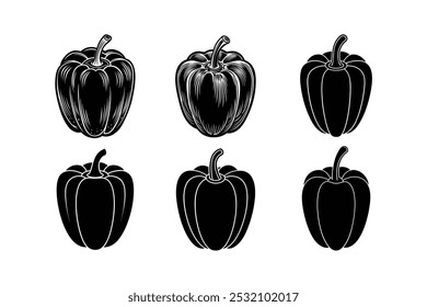 Diseño de pimienta de campana (Capsicum annuum), Ilustración vectorial de linocut etiquetada