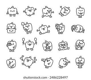 Bell pepper character. Coloring Page. Funny cartoon food. Hand drawn style. Vector drawing. Collection of design elements.