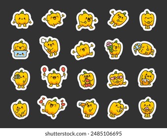 Bell pepper character. Sticker Bookmark. Funny cartoon food. Hand drawn style. Vector drawing. Collection of design elements.