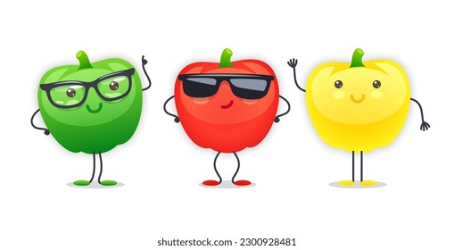 Bell Pepper Character with Various Face Expressions. Vector illustration set of funny and cute cartoon vegetables isolated on white background. Mascot collection.