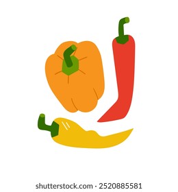 Ilustración vectorial plana dibujada a mano con pimiento morrón y chile. Impresión vegetal fresca para la cocina, menú, diseño del paquete de la comida. Producto orgánico lindo sano.