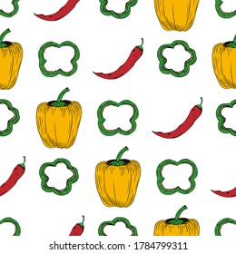 Bell pepper, chilli and slices seamless pattern on white background. Vector illustration of red, yellow and green vegetables in cartoon simple flat style. Great for textiles, paper and other surfaces.