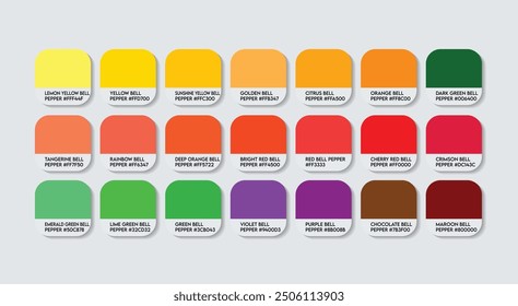 Bell Pepper Color Palette, Bell Pepper Color Guide Palette with Color Names. Catalog Samples of Multicolor colors with RGB HEX codes. cladding sheet Paint colour, Fashion Trend Bell Pepper Color tones