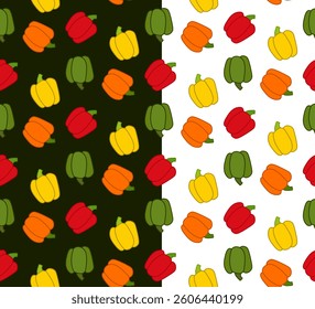 Bell pepper colored seamless pattern. Vector flat yellow, orange, green, red peppers  on transparent background. illustration for package, kitchen design, fabric and textile.  Eat green
