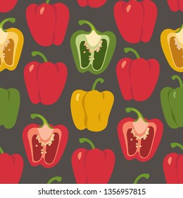     Bell pepper colorful seamless pattern. Red, green, yellow sweet paprika on a black background vector design illustration 