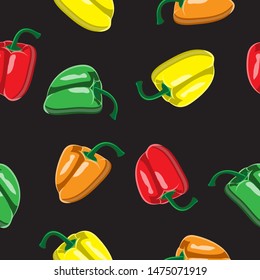 Bell pepper colorful seamless pattern. Red, green, orange, yellow sweet paprika on a black background vector design illustration on black eps 10