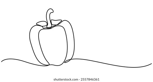 Bell pepper in continuous line art drawing style. Black linear sketch isolated on white background. Vector illustration, Capsicum continuous one line art drawing of vector illustration, Continuous one