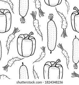 Bell pepper, cucumber and carrot on a white background. Vector outline seamless pattern.
