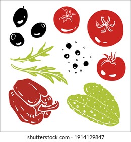 Bell pepper, cucumber, tomato, olives, arugula, pepper. Colorful sketch collection of salad vegetables and herbs isolated on white background. Doodle hand drawn vegetable icons. Vector illustration