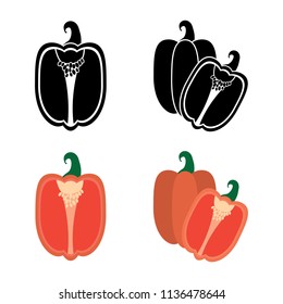 Bell pepper cut half vegetable vector icon set black and color
