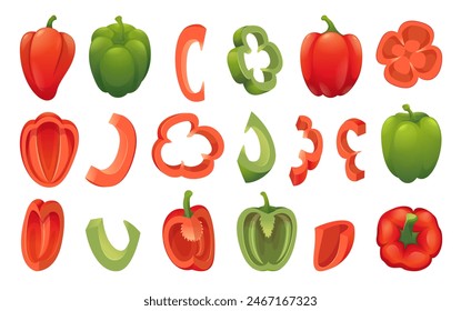 Bell pepper. Eco vegan food fresh sliced colored pepper exact vector illustrations in cartoon style