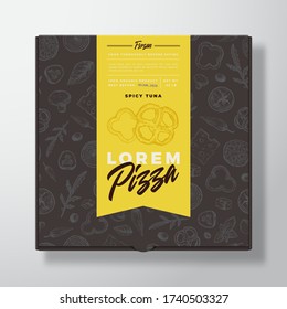 Bell Pepper Frozen Pizza Realistic Cardboard Box. Abstract Vector Packaging Design or Label. Modern Typography, Sketch Seamless Food Pattern. Black Paper Background Layout. Isolated.