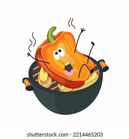 Bell pepper funny character roasted on barbecue grill, vector illustration. Cartoon character of food. Isolated image on a white background.