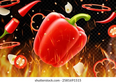 Bell pepper, garlic and chili pepper on fire background. Flying and burning vegetables on dark background. Red chili pepper splashing, Vector realistic in 3D illustration.