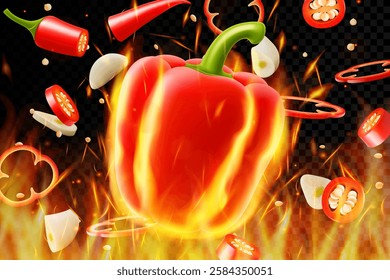 Bell pepper, garlic and chili pepper on fire background. Flying and burning vegetables on dark background. Red chili pepper splashing, Vector realistic in 3D illustration.