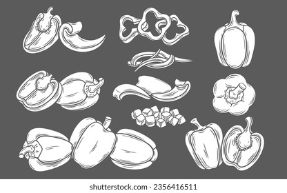Bell pepper glyph icons set vector illustration. White stamps of sweet paprika collection isolated on black, Bulgarian pepper cut into half with seeds and stem, slices and cubes, strips for cooking