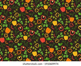 Bell pepper and herbs cartoon seamless pattern. Hand drawn vegetables yellow, green and red paprika. Vector flat colorful sweet pepper food, salad wrapping paper, menu design, tile black background