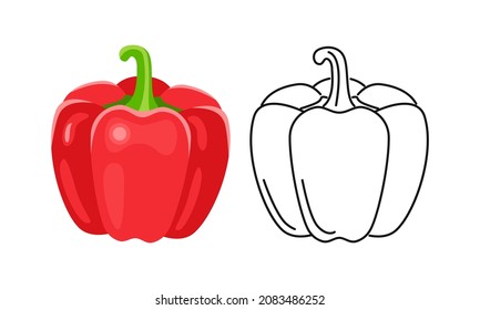 Bell pepper icon set. Vector color cartoon illustration of paprika and outline. Red vegetable.