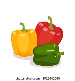 Bell pepper icons set. Red, green and yellow vegetables. Fresh organic food and healthy nutrition. Spicy hot dish. Vegan lifestyle. Vector cartoon illustration