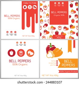 Bell pepper labels set. Collection of banners for pack design. Vegetarian food tags