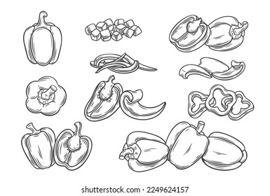 Pfefferzeilensymbole setzen Vektorgrafik. handgezeichnete Umriss-Paprika und Gemüseschnitzel, bulgarischer Pfeffer, in Dreieckstücke und Würfel zerteilt, Hefe von Stücken und Ringe zum Kochen