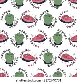 Bell pepper and Meat. Seamless pattern on a white background. Cute vector illustration.