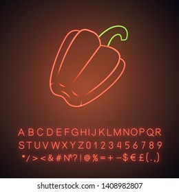 Bell pepper neon light icon. Sweet bulgarian pepper. Agriculture plant. Vegetable farm. Vegan food. Healthy diet. Glowing sign with alphabet, numbers and symbols. Vector isolated illustration