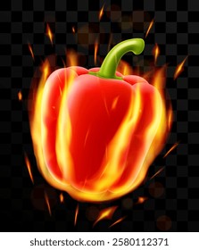 Вurning Bell pepper on dark background. Sweet bell pepper with fire and flame. Red hot chili pepper with fire. Vector realistic in 3D illustration.