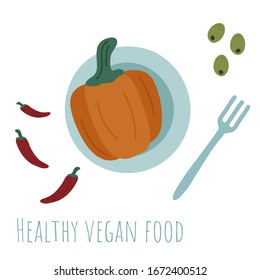 Pelar pimienta en un plato, aceitunas y ají. Imagen vectorial de una vista superior.Comida vegana saludable