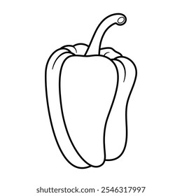 Ilustración vectorial de contorno de pimienta. Una Ilustración vectorial en blanco y negro de un pimiento morrón. La Imagen muestra un solo pimiento con un tallo curvo en la parte superior, dibujado en un estilo de contorno simple. 