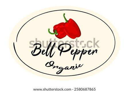 Bell pepper oval logo sticker. Oval label with red bell pepper on beige background. Ready design for packaging tag. Seasonal badge for your product.